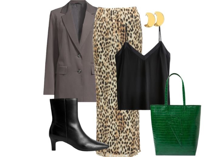9 leopard skirt outfit ideas: Flat lay including a maxi leopard print skirt, a grey blazer, black amkle boots, a green croc large tote bag, a black silky camisole top, and gold earrings. 