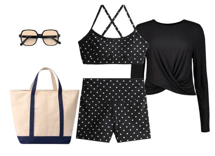 Gym Outfts:  A polka dot crop top and cycling shorts, a black long sleeve black top, and aviator sunglasses.