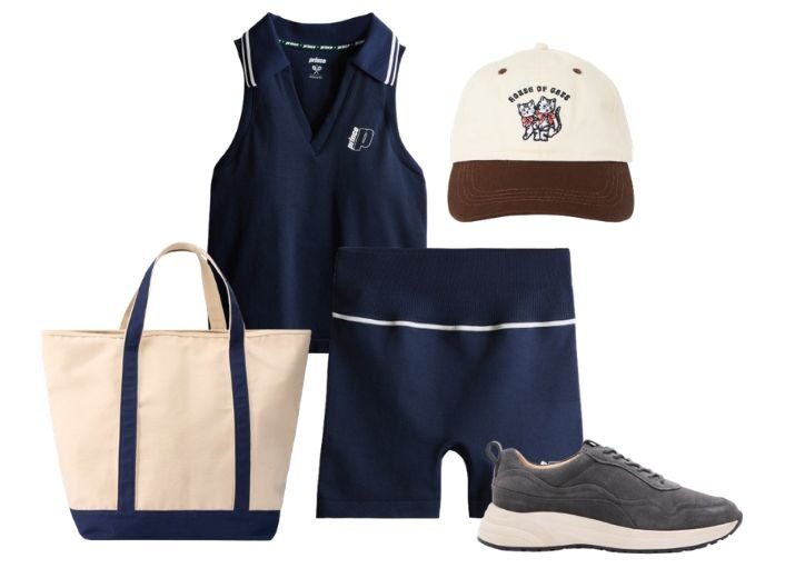 Gym Outfts: A navy sleeveless polo shirt and matching cycling shorts, a white and navy canvas tote bag, grey running trainers and a white and brown cap with cats on.