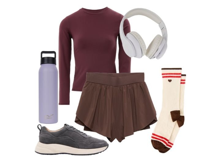 Gym Outfts: A long-sleeve, lightweight burgundy top, brown gym shirts, white headphones, a lilac water bottle, a pair of white and brown sports socks, and grey running trainers.