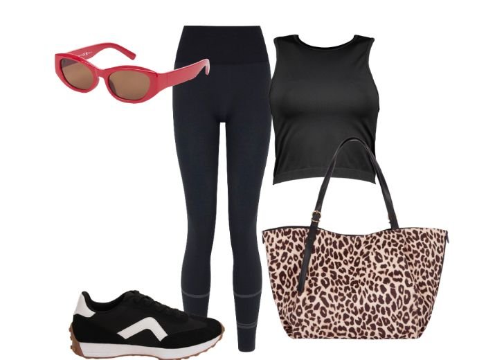 Gym Outfts: Long black gym leggings, a fitted black vest, red sunglasses, a leopard tote bag, and black and white trainers.