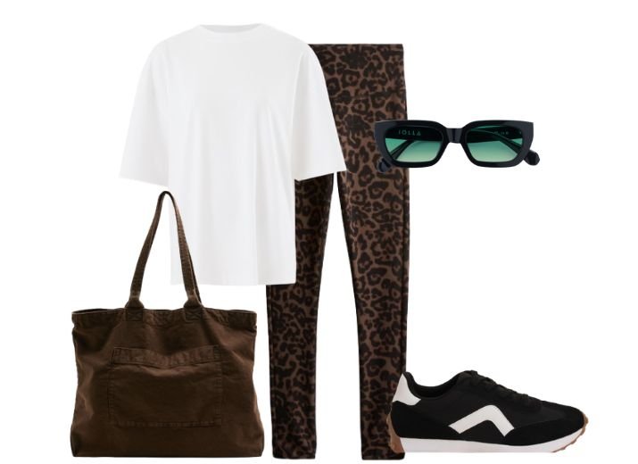 Gym Outfts: Long lepard print leggings, a white t-shirt, a balck pair of sunglasses, black and white trainers and a brown shopper bag.