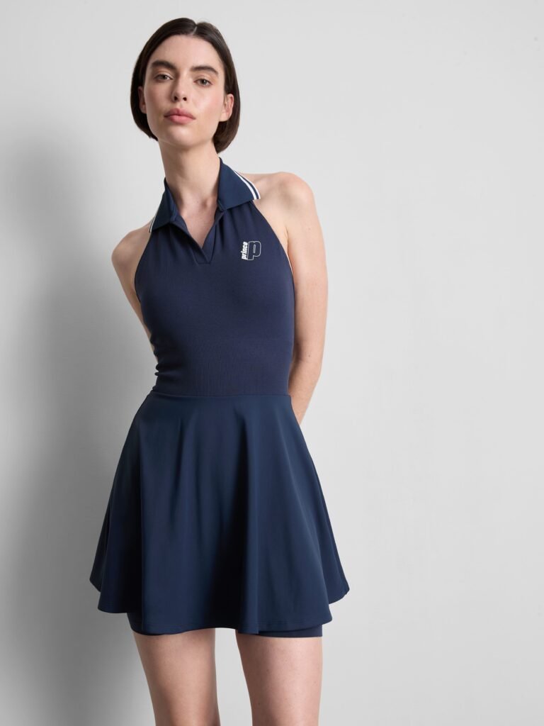 A model wears a navy blue gym dress