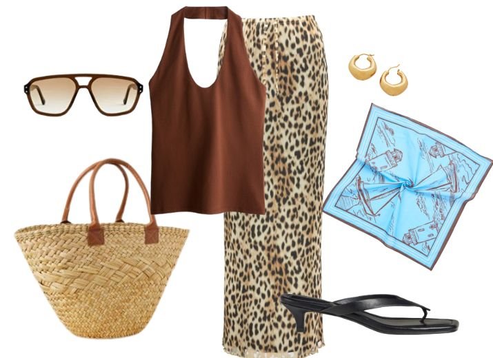 9 leopard skirt outfit ideas: Flat lay including a maxi leopard print skirt, a brown halter top, a basket shopper bag, brown aviator style sunglasses, a silky blue patterned scarf, small gold hoop earrings, and black heeled sandals. 