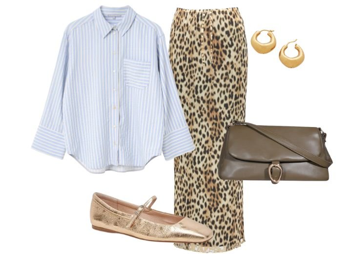 9 leopard skirt outfit ideas: Flat lay including a maxi leopard print skirt, blue and white oversized shirt, a khaki buckle bag, gold ballet flat shoes and gold earrings. 