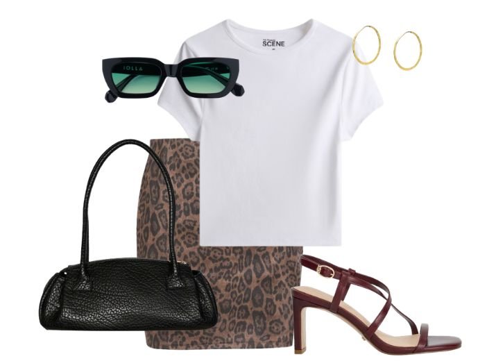 9 leopard skirt outfit ideas:  Flat lay, white t--shiirt, mini leopard print skirt, a black handbag, strappy heels, black sunglasses and gold hoop earrings.