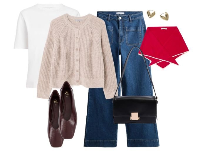 How to style wide leg jeans in Winter.
Outfit: Blue wide leg jeans, crew neck cardigan, white t-shirt, burgundy ballet flats, red triangle neck scarf, black cross body bag with a gold buckle, and gold heart shaped earrings.