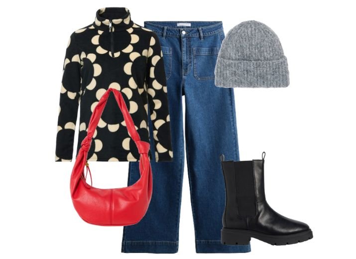 How to style wide leg jeans in Winter.
Outfit: Blue wide leg jeans, an black fleece with white abstract flowers, a grey wool beanie hat, a red shoulder bag, and chunky black ankel boots.