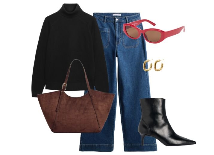 How to style wide leg jeans in Winter.
Outfit: Blue wide leg jeans, a black roll neck jumper, black ankle boots, a suede shopper bag, black ankle boots, red sunglasses and gold hoop earrings.