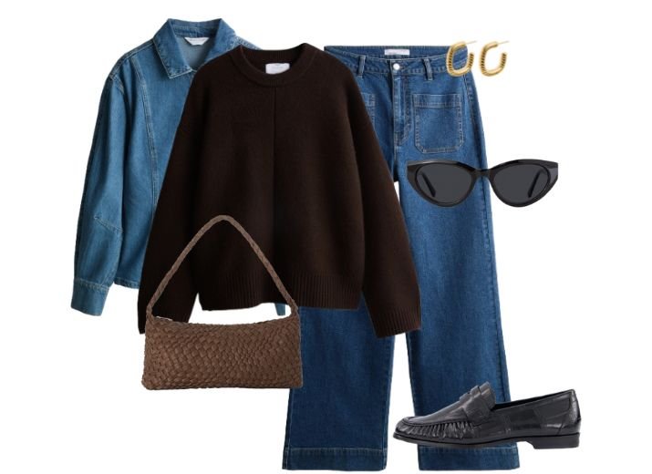 How to style wide leg jeans in Winter.
Outfit: Blue wide leg jeans, a blue denim shirt, brown oversized sweatshirt, a small brown suede bag, black sunglasses, gold hoop earrings, and black loafers.