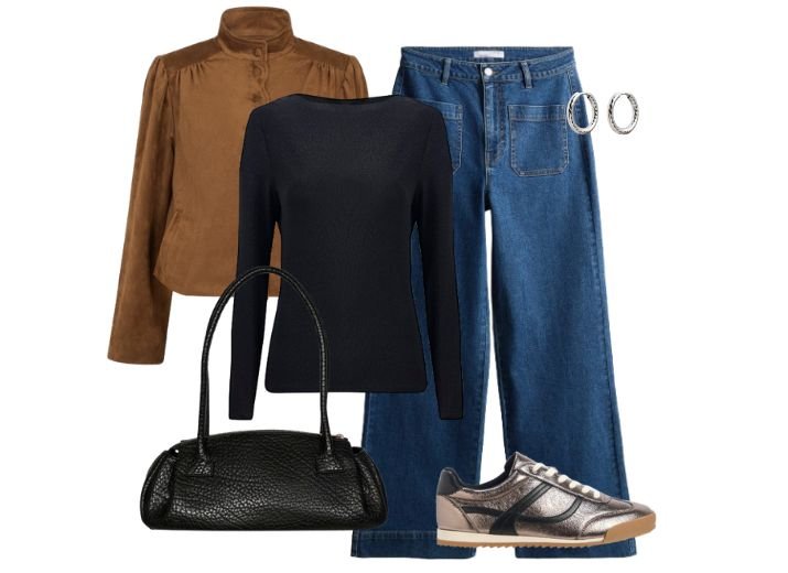 How to style wide leg jeans in Winter.
Outfit: Blue wide leg jeans, light brown suede jacket, a long sleeve black top, black bowler style bag, metallic silver trainers, and a silver hoop earrings.