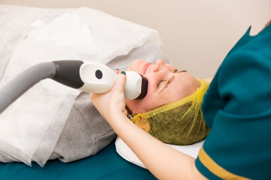 IPL vs Microneedling:
A woman is getting a skin treatment